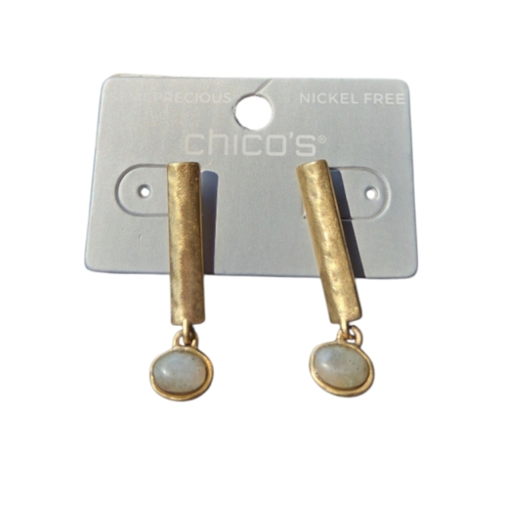 Chico's Brushed Hamnered Gold Bar Pierced Earring Semi-Precious Stone NEW